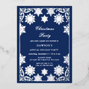 Navy Silver Snowflakes Christmas Party Foil Invitation