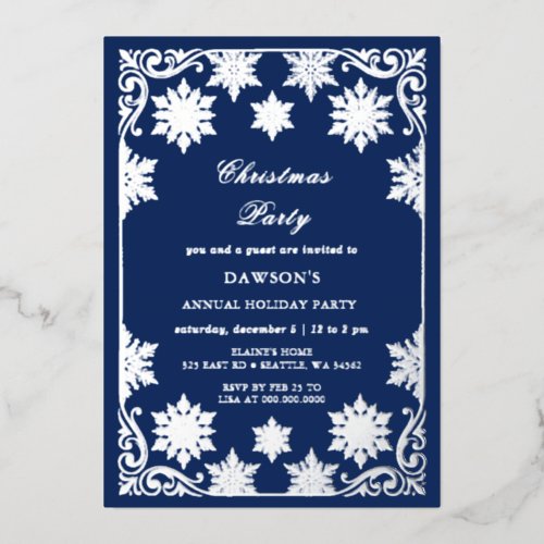 Navy Silver Snowflakes Christmas Party Foil Invitation