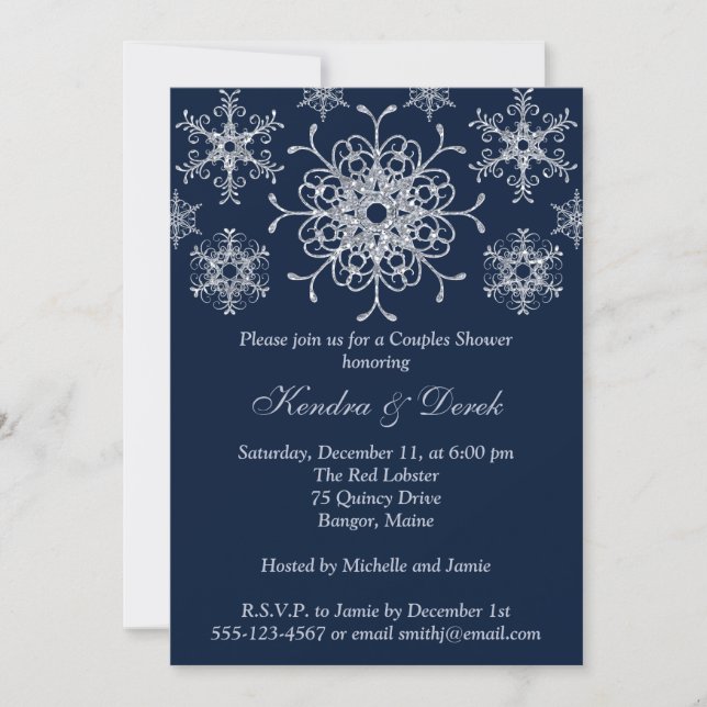 Navy, Silver Snowflakes Couples Shower Invite (Front)