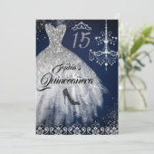 Navy Silver Sparkle Diamond Dress Quinceanera Invitation (Standing Front)
