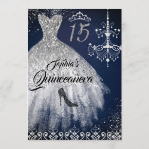 Navy Silver Sparkle Diamond Dress Quinceanera Invitation