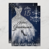 Navy Silver Sparkle Diamond Dress Quinceanera Invitation (Front/Back)