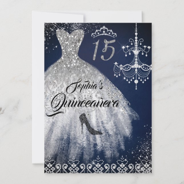 Navy Silver Sparkle Diamond Dress Quinceanera Invitation (Front)