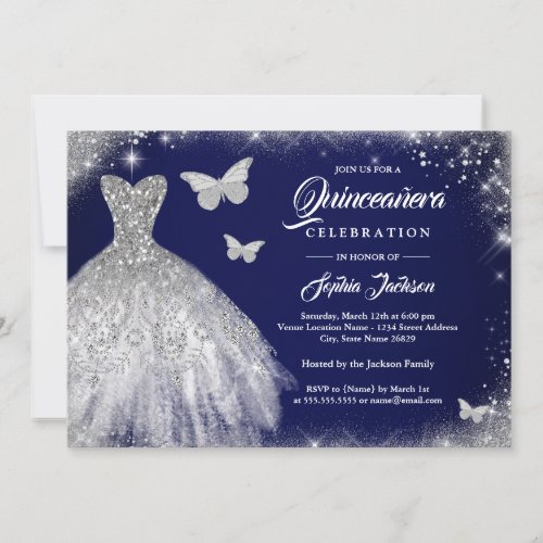 Navy Silver Sparkle Dress Butterfly Quinceanera  Invitation
