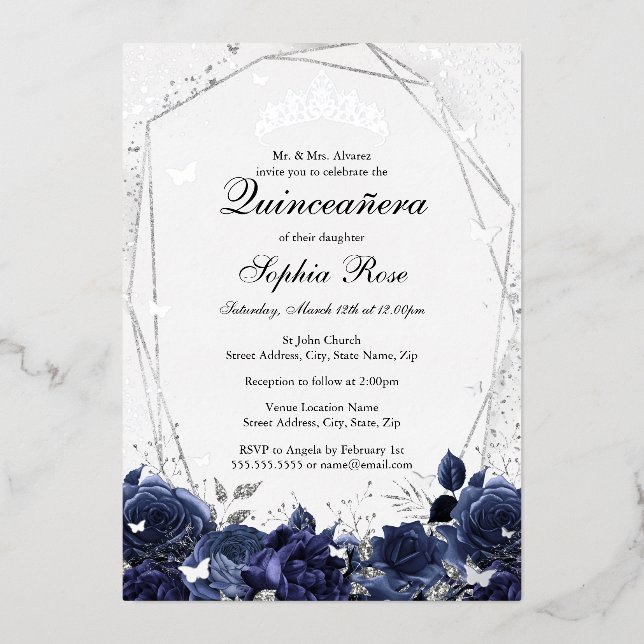 Navy Silver Sparkle Flower Tiara Quinceanera  Foil Invitation (Front)
