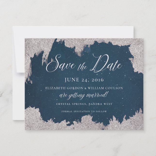 Navy Silver Star Celestial Winter Frost Wedding Save The Date (Front)