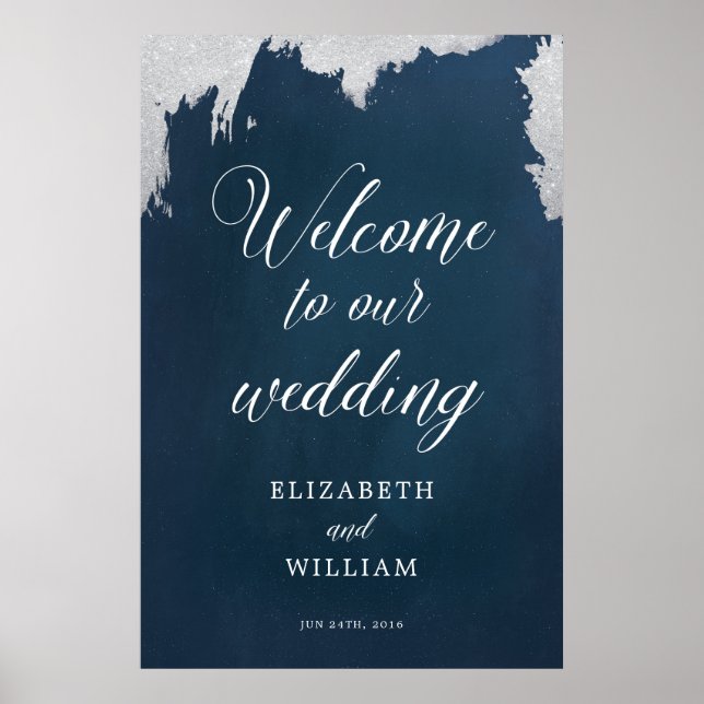 Navy Silver Star Celestial Winter Wedding Welcome Poster (Front)