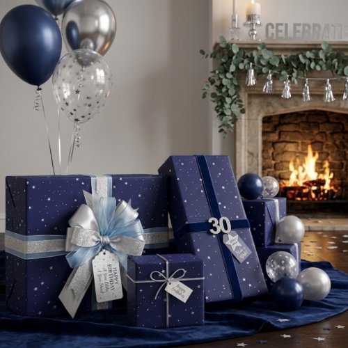 Navy Silver Starry Night Minimalist Gift Wrapping Paper