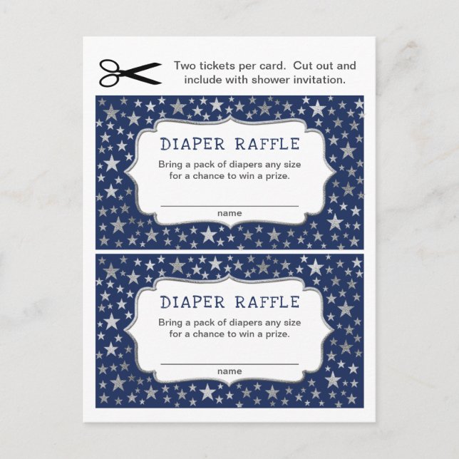 Navy Silver Stars Boy Diaper Raffle tickets Invitation Postcard (Front)