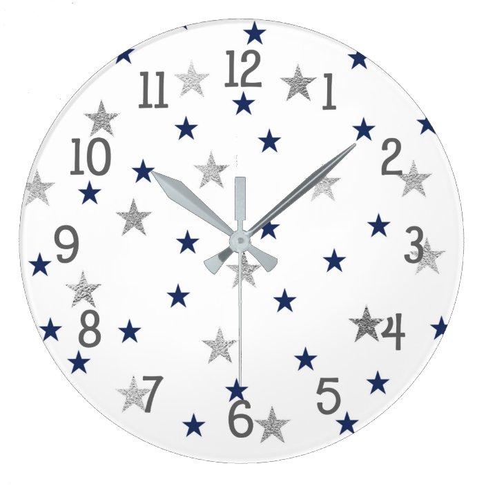 Navy Silver Stars Twinkle Baby Nursery Decor Large Clock Zazzle