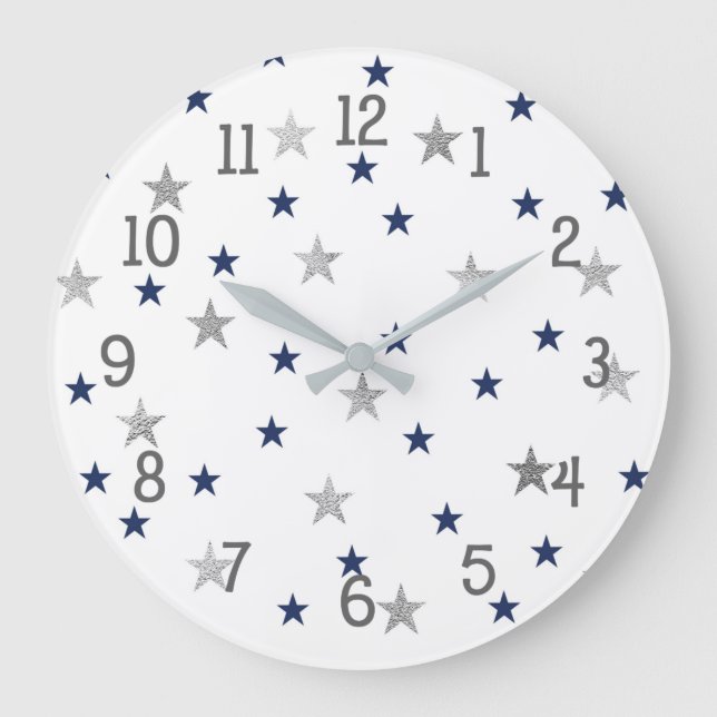 Navy Silver Stars Twinkle Baby Nursery Decor Large Clock (Front)
