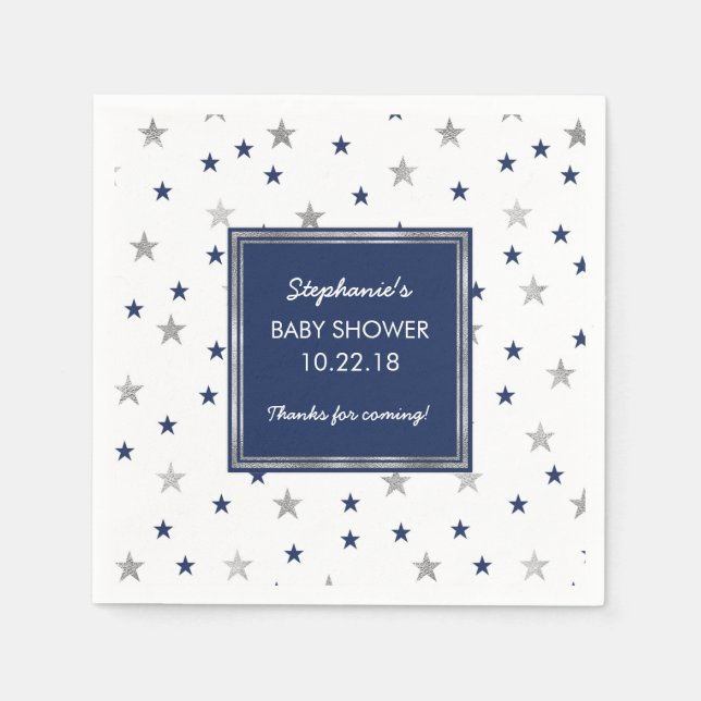 Navy Silver Stars Twinkle Baby Shower decor Napkins (Front)