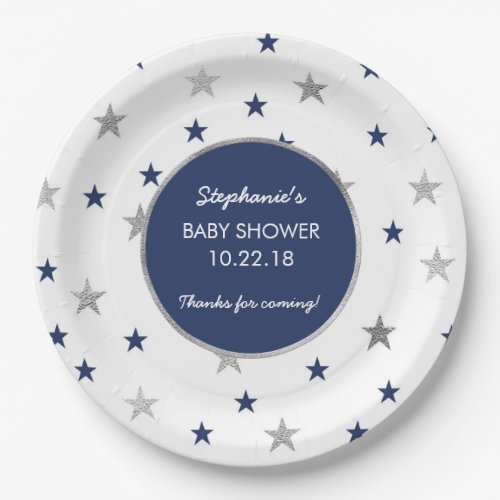 Navy Silver Stars Twinkle Baby shower decor Paper Plates