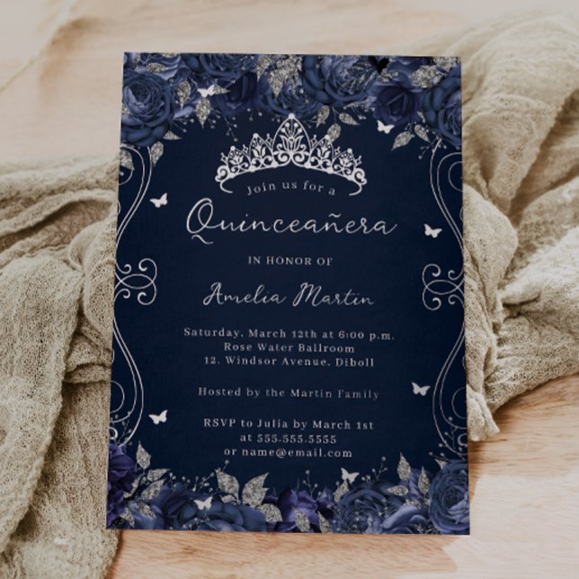 Navy Silver Swirl Scroll Floral Quinceanera  Foil Invitation (Creator Uploaded)