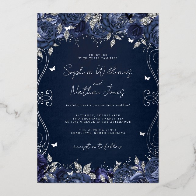Navy Silver Swirl Scroll Wedding  Foil Invitation (Front)