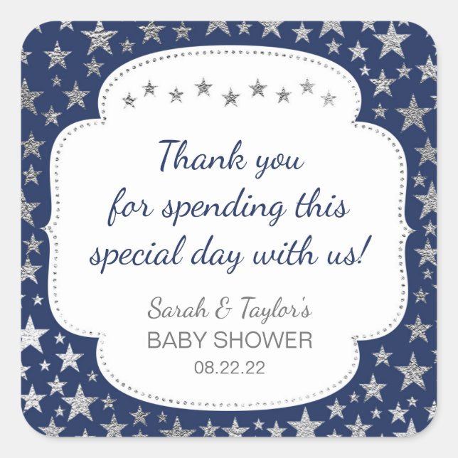 Navy Silver Twinkle stars thank you favor Square Sticker (Front)