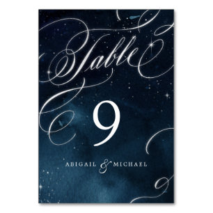 Navy silver vintage calligraphy glam wedding table number