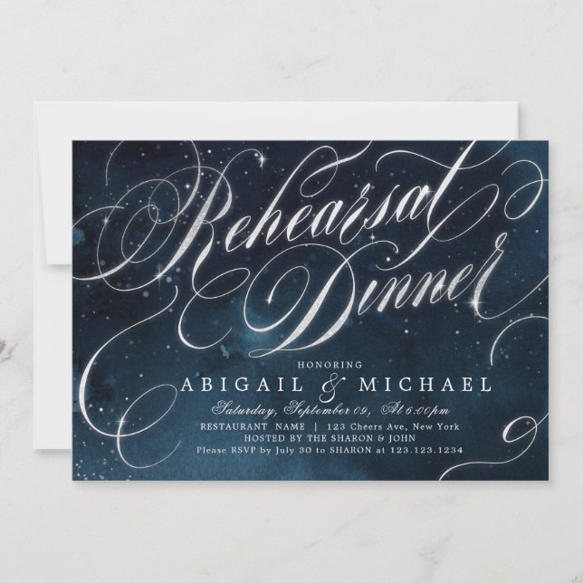 Navy silver vintage calligraphy rehearsal dinner invitation (Front)