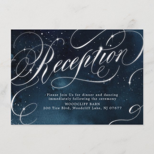 Navy silver vintage calligraphy wedding reception enclosure card (Front)