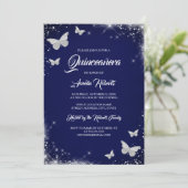 Navy Silver Watercolor Butterfly Dress Quinceanera Invitation (Standing Front)