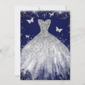 Navy Silver Watercolor Butterfly Dress Quinceanera Invitation (Back)