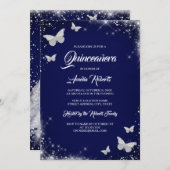 Navy Silver Watercolor Butterfly Dress Quinceanera Invitation (Front/Back)
