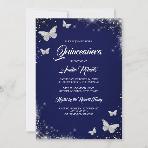 Navy Silver Watercolor Butterfly Dress Quinceanera Invitation