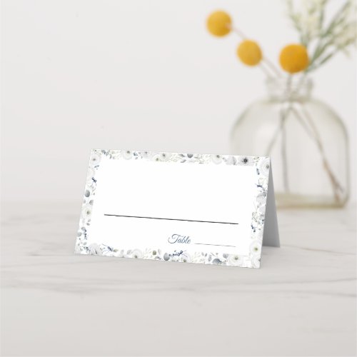 Navy Silver Watercolor Floral Place Card