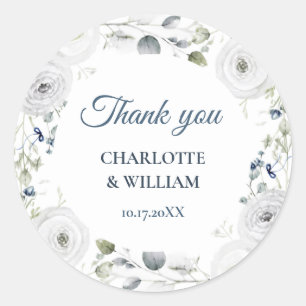 Navy Silver Watercolor Floral Thank You Sticker