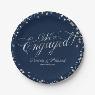 Navy Silver We're Engaged Engagement Party Paper Plates