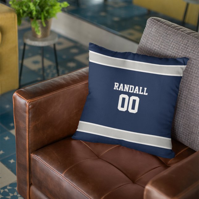 Navy, Silver & White Football Team Personalized Throw Pillow (Creator Uploaded)