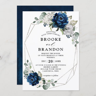 Navy Silver White Ivory Geometric Wedding Invitation