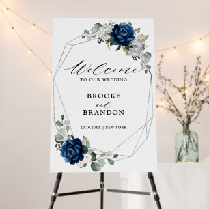 Navy Silver White Ivory Geometric Wedding Welcome  Foam Board