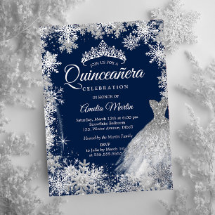 Navy Silver Winter Snowflake Quinceanera  Foil In Invitation