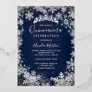 Navy Silver Winter Snowflake Quinceanera Foil Invitation