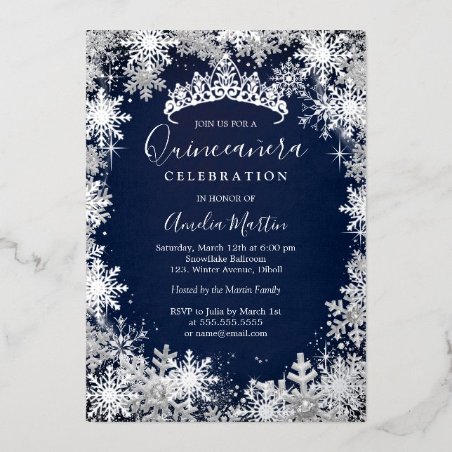 Navy Silver Winter Snowflake Quinceanera Foil Invitation (Front)