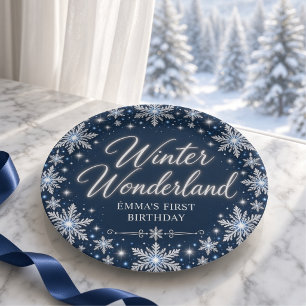 Navy Silver Winter Wonderland Birthday Paper Plates