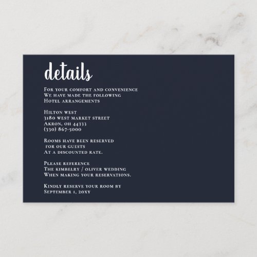 Navy Simple Calligraphy Modern Wedding  Enclosure Card