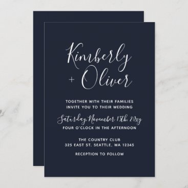 Navy Simple Calligraphy Modern Wedding Invitation