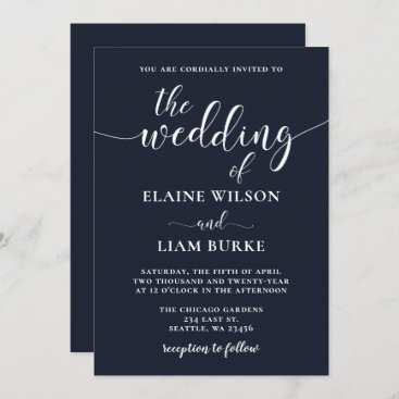 Navy Simple Calligraphy Modern Wedding Invitation