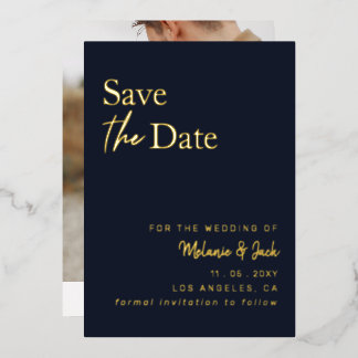 Navy Simple Calligraphy Photo Save The Date Foil Invitation