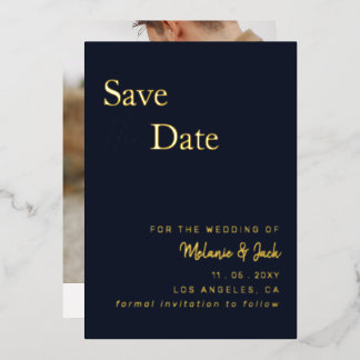 Navy Simple Calligraphy Photo Save The Date Foil Invitation