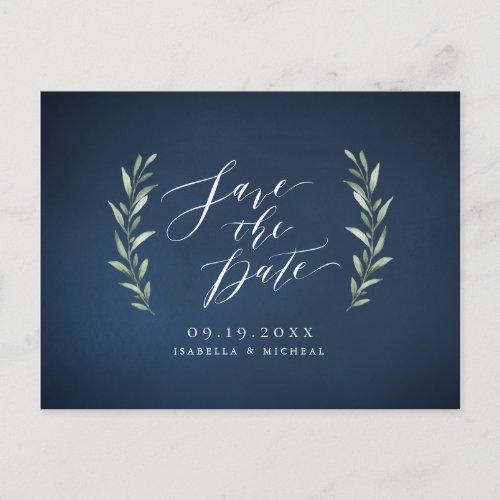 Navy simple calligraphy rustic greenery wedding announcement postcard