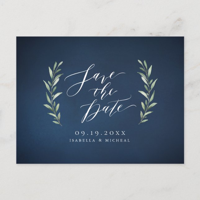 Navy simple calligraphy rustic greenery wedding announcement postcard (Front)