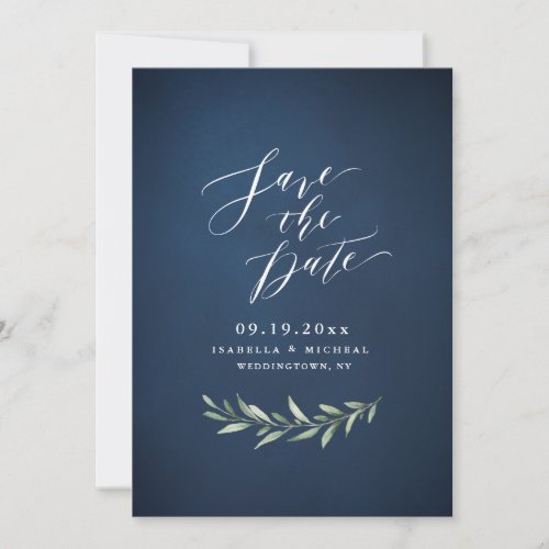 Navy simple calligraphy rustic greenery wedding save the date