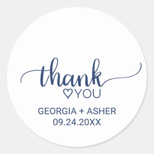 Navy Simple Calligraphy Thank You Wedding Favor Classic Round Sticker