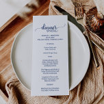 Navy Simple Calligraphy Wedding Dinner Menu Card<br><div class="desc">This navy simple calligraphy wedding dinner menu card is perfect for an elegant wedding. The white and blue design features chic rustic typography and a lovely romantic heart.</div>