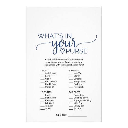 Navy Simple Calligraphy Whats In Your Purse Game Flyer