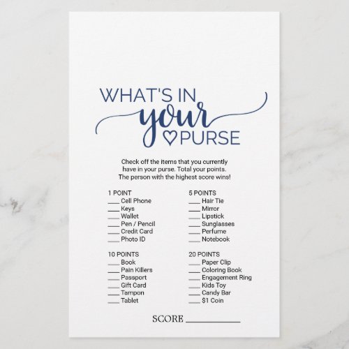 Navy Simple Calligraphy Whats In Your Purse Game Flyer