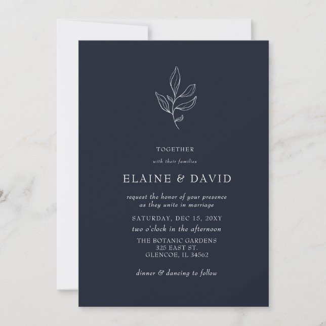 Navy Simple Elegant Modern Botanical Wedding Invitation (Front)
